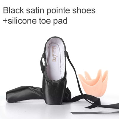 Black Satin Ballet Pointe Shoes Ladies Professional Ballet Shoes Girls Women Ballerina Shoes With Ribbons