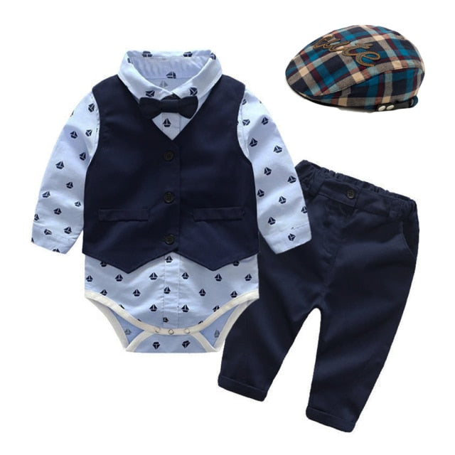 Baby Suits Newborn Boy Clothes Romper + Vest + Hat Formal Clothing Outfit Party Bow Tie Children Birthday Dress New Born 0- 24 M