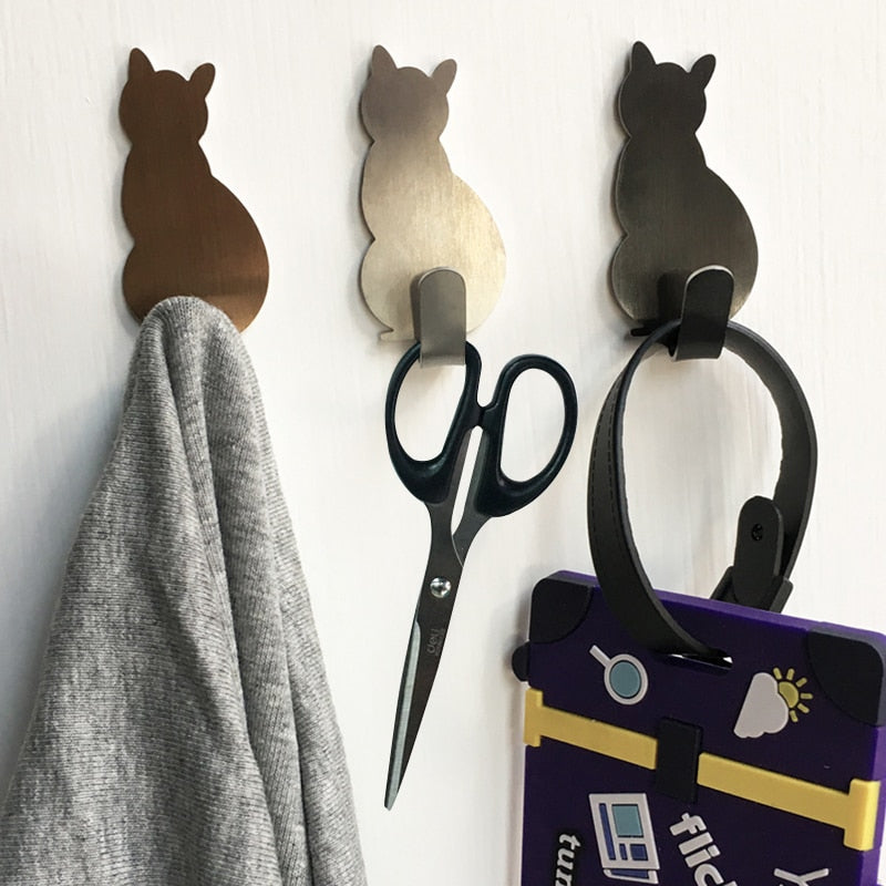 2pcs Self Adhesive Hooks Cat Pattern Storage Holder for Bathroom Kitchen Hanger Stick on Wall Hanging Door Clothes Towel Racks