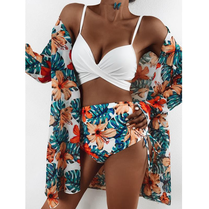 Three Pieces Bikini Set Cover Up Swimwear Women Swimsuit Print Long Sleeve Bathing Suit Beachwear Swimming