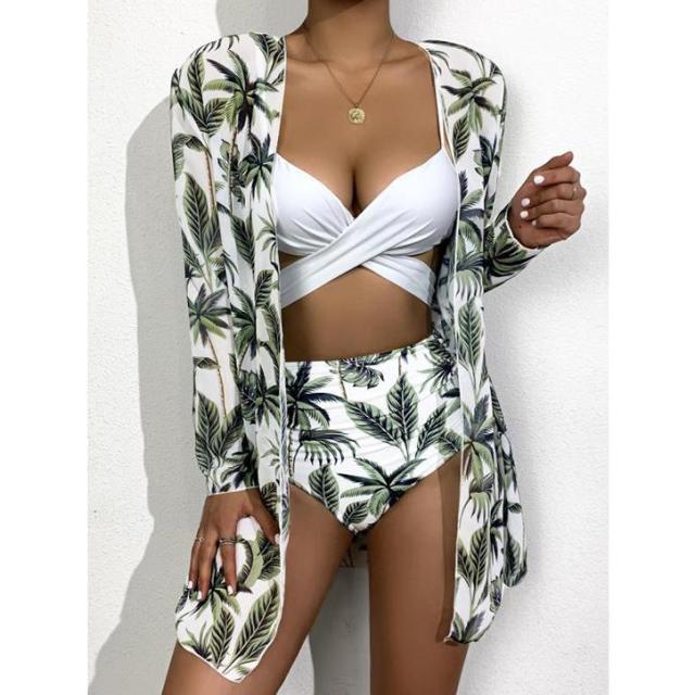 Three Pieces Bikini Set Cover Up Swimwear Women Swimsuit Print Long Sleeve Bathing Suit Beachwear Swimming