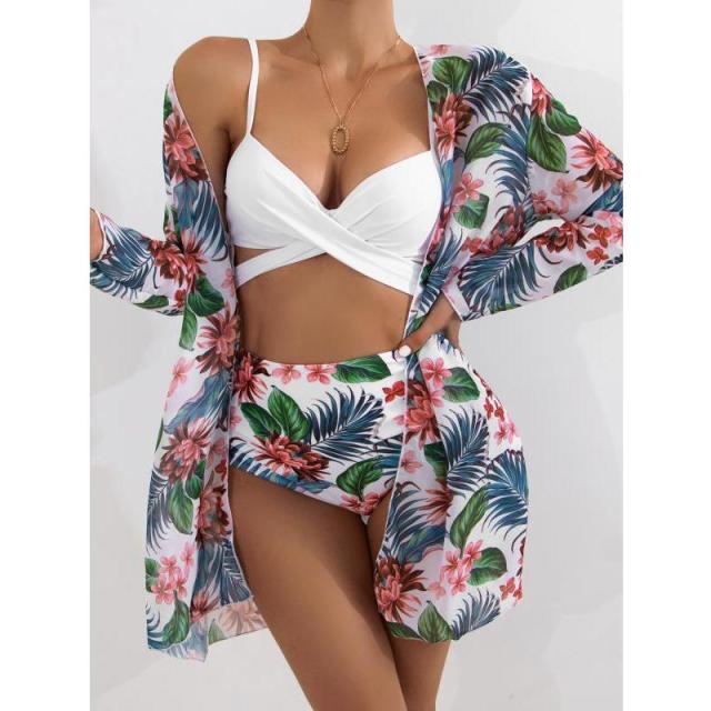 Three Pieces Bikini Set Cover Up Swimwear Women Swimsuit Print Long Sleeve Bathing Suit Beachwear Swimming