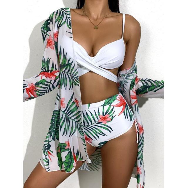 Three Pieces Bikini Set Cover Up Swimwear Women Swimsuit Print Long Sleeve Bathing Suit Beachwear Swimming