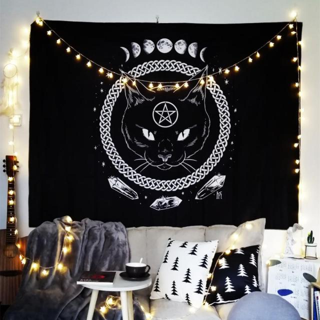 Tarot Card Black Cat Tapestry Wall Hanging Hand Hippie Moon Wolf Witchcraft Decoration Skull Decor Tapestry Wall Blanket