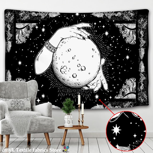 Tarot Card Black Cat Tapestry Wall Hanging Hand Hippie Moon Wolf Witchcraft Decoration Skull Decor Tapestry Wall Blanket