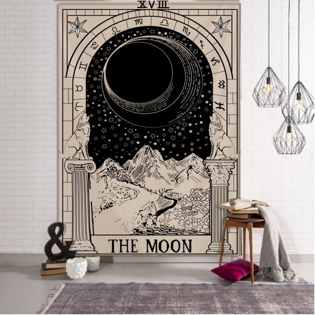 Tarot Card Black Cat Tapestry Wall Hanging Hand Hippie Moon Wolf Witchcraft Decoration Skull Decor Tapestry Wall Blanket