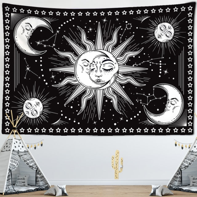 Tarot Card Black Cat Tapestry Wall Hanging Hand Hippie Moon Wolf Witchcraft Decoration Skull Decor Tapestry Wall Blanket