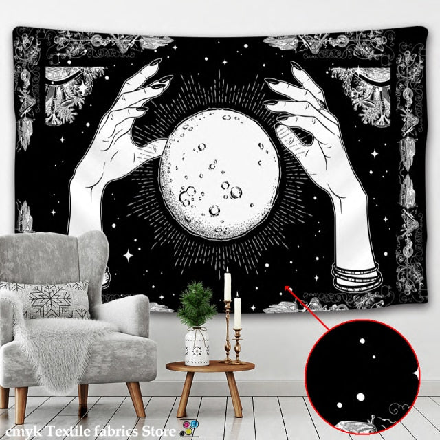 Tarot Card Black Cat Tapestry Wall Hanging Hand Hippie Moon Wolf Witchcraft Decoration Skull Decor Tapestry Wall Blanket