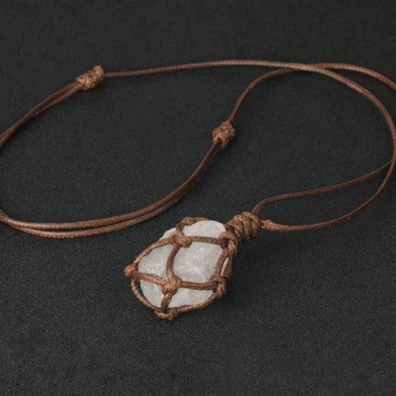 Natural Stone Rope Wrap Necklace Irregular Rose Crystal Quartz Pendant Necklaces Adjustable Women Girl Vintage Jewelry G317