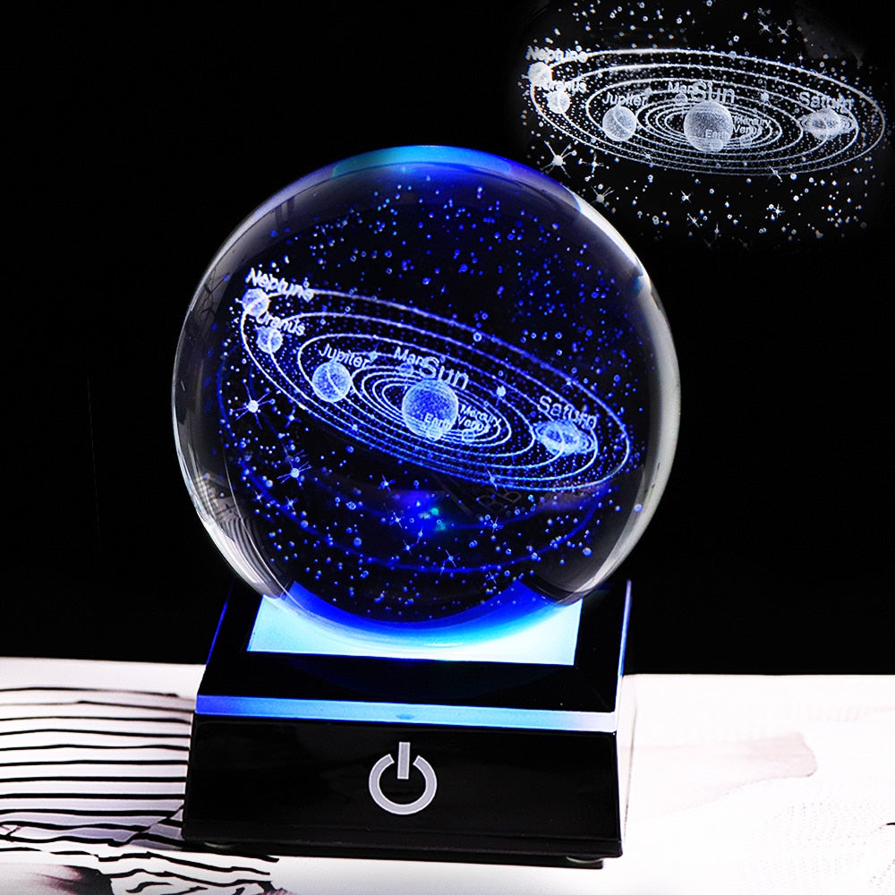 K9 Crystal Solar System Planet Globe 3D Laser Engraved Sun System Ball with Touch Switch LED Light Base Astronomy Gifts