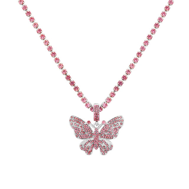 Statement Big Butterfly Pendant Necklace Rhinestone Chain for Women Bling Tennis Chain Crystal Choker Necklace Party Jewelry