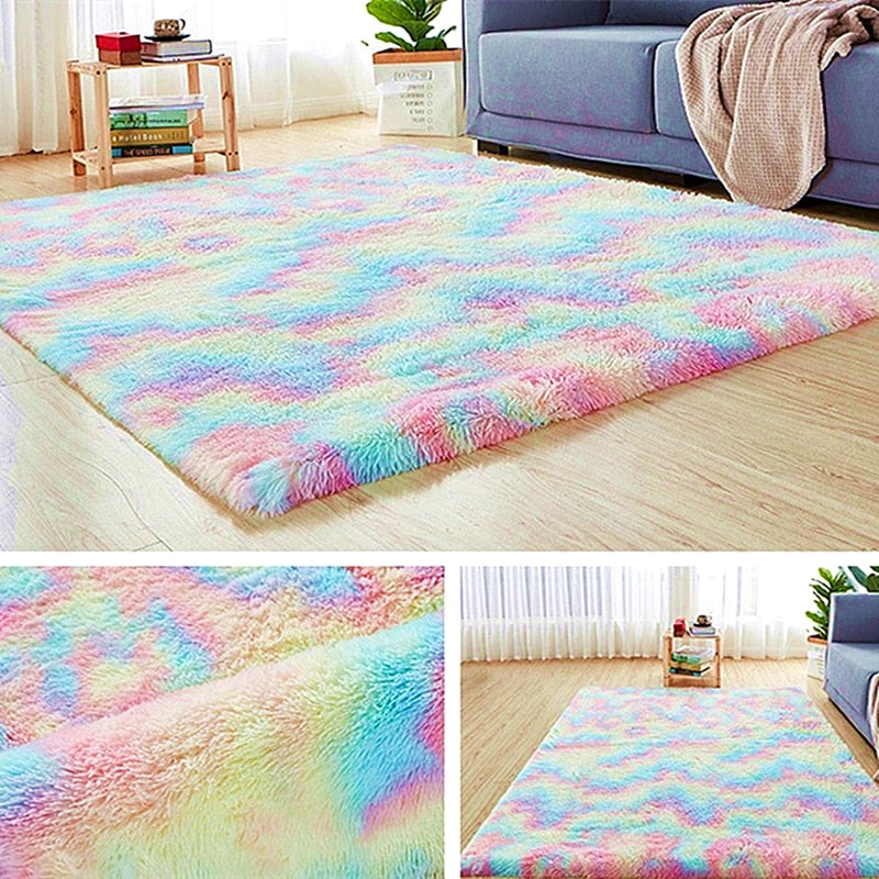 Rainbow Carpet Gradient Tie-dye Plush Rug Living Room Coffee Table Pad Carpet Bedroom Bedside Bay Window Rug Baby Crawling Mat
