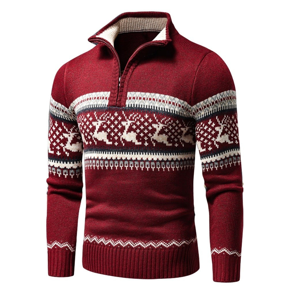 Jacquard Half Zip Polo Sweater Cardigan Jacket Men Winter Long Sleeve Mock Neck Sweater Pullover Men