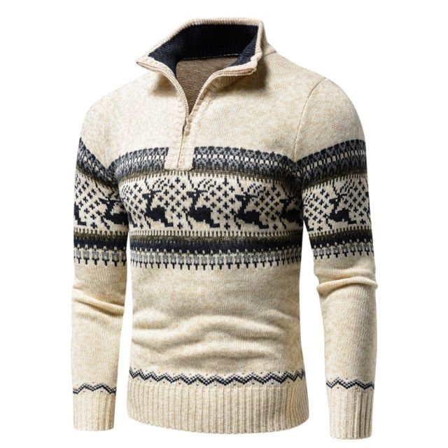 Jacquard Half Zip Polo Sweater Cardigan Jacket Men Winter Long Sleeve Mock Neck Sweater Pullover Men