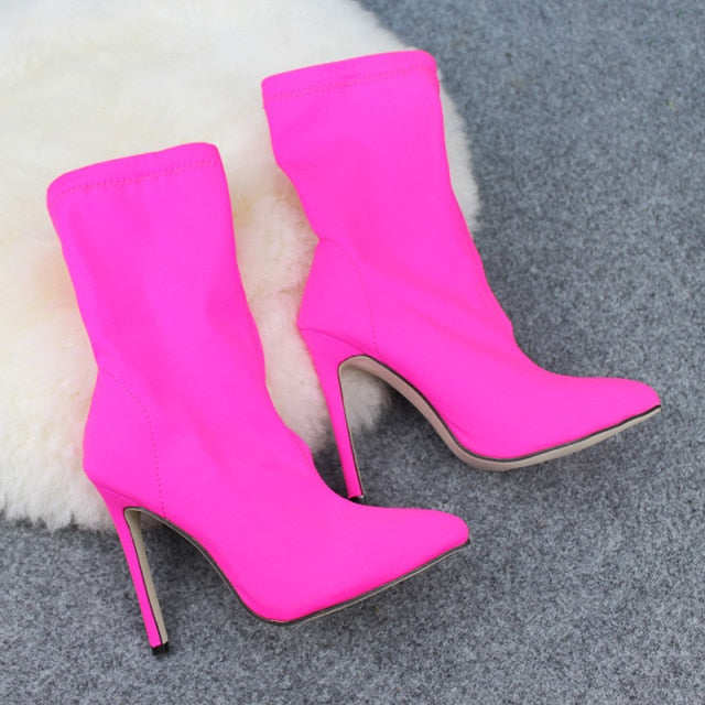 Women Shoes Pointed Toe Elastic Boots Candy Color Cloth Boots High Heel Socks Boots Thin High Heels Women Pumps Size 35-43