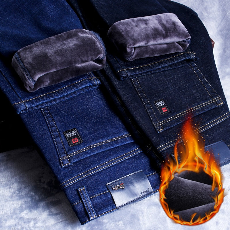 Warm Slim Fit Jeans Business Fashion Thicken Denim Trousers Fleece Stretch Brand Pants Black Blue