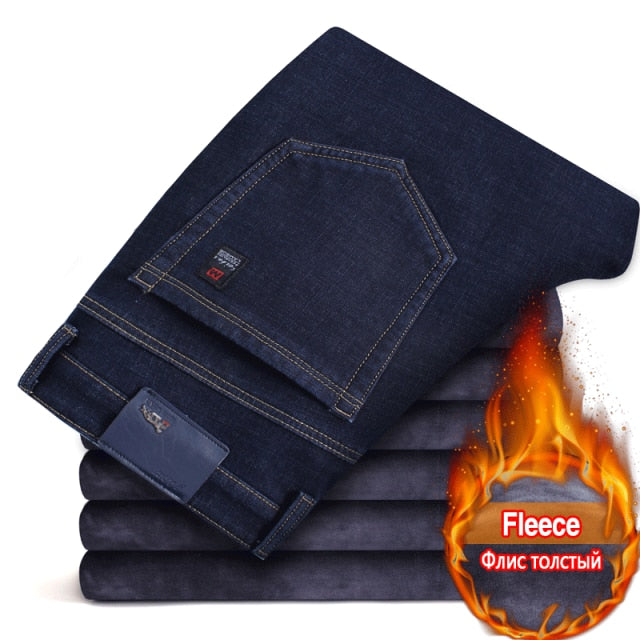 Warm Slim Fit Jeans Business Fashion Thicken Denim Trousers Fleece Stretch Brand Pants Black Blue