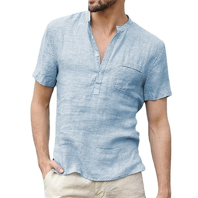 Short-Sleeved T-shirt Cotton and Linen Led Casual Shirt Male Breathable