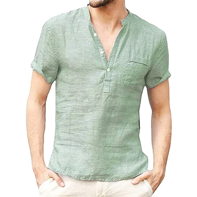 Short-Sleeved T-shirt Cotton and Linen Led Casual Shirt Male Breathable