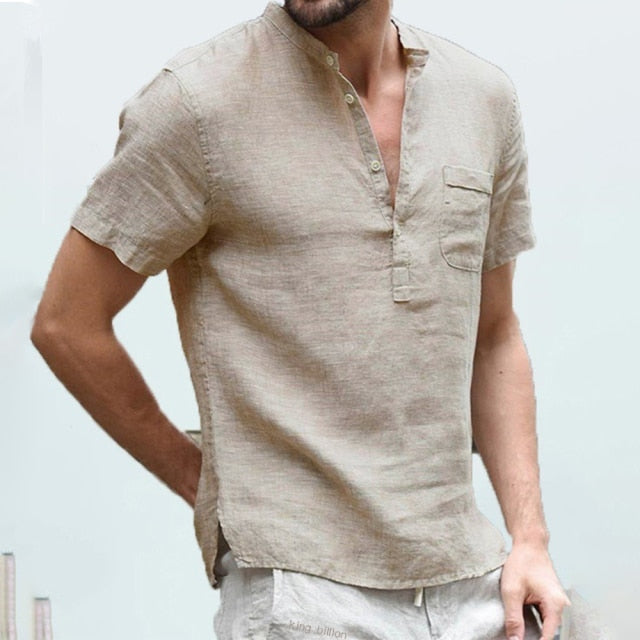 Short-Sleeved T-shirt Cotton and Linen Led Casual Shirt Male Breathable