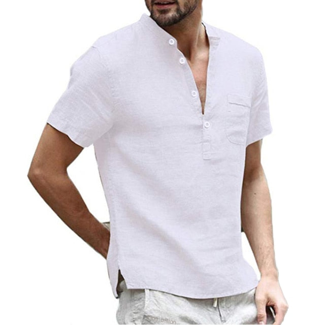 Short-Sleeved T-shirt Cotton and Linen Led Casual Shirt Male Breathable