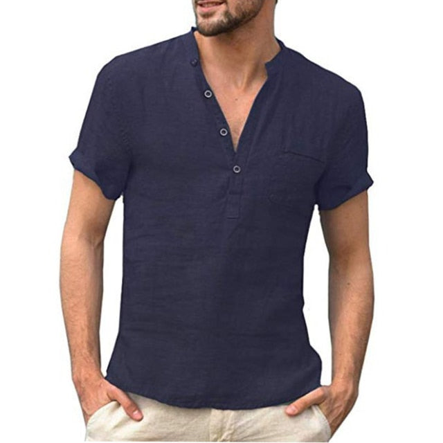 Short-Sleeved T-shirt Cotton and Linen Led Casual Shirt Male Breathable