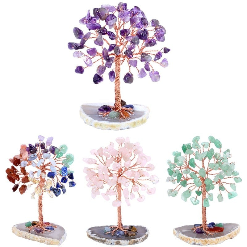 Sunligoo Super Mini Crystals Money Tree Copper Wire Wrapped W/ Agate Slice Base Chakra Gemstone Feng Shui Trees for Home Decor