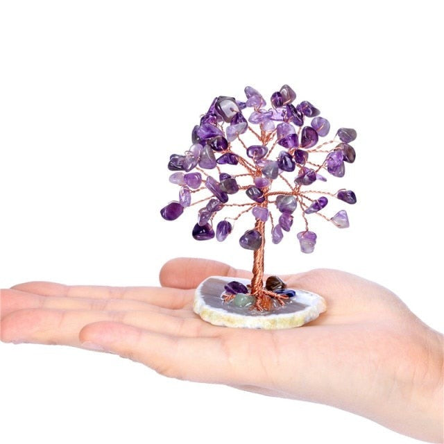 Sunligoo Super Mini Crystals Money Tree Copper Wire Wrapped W/ Agate Slice Base Chakra Gemstone Feng Shui Trees for Home Decor