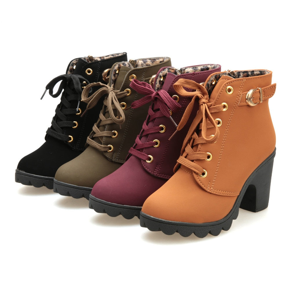 Boots Women Shoes Women Fashion High Heel Lace Up Ankle Boots Ladies Buckle Platform Artificial Leather Shoes bota feminina