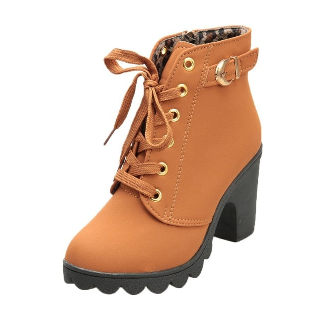 Boots Women Shoes Women Fashion High Heel Lace Up Ankle Boots Ladies Buckle Platform Artificial Leather Shoes bota feminina