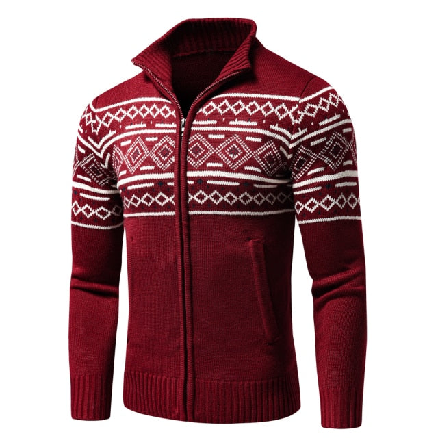 Jacquard Half Zip Polo Sweater Cardigan Jacket Men Winter Long Sleeve Mock Neck Sweater Pullover Men