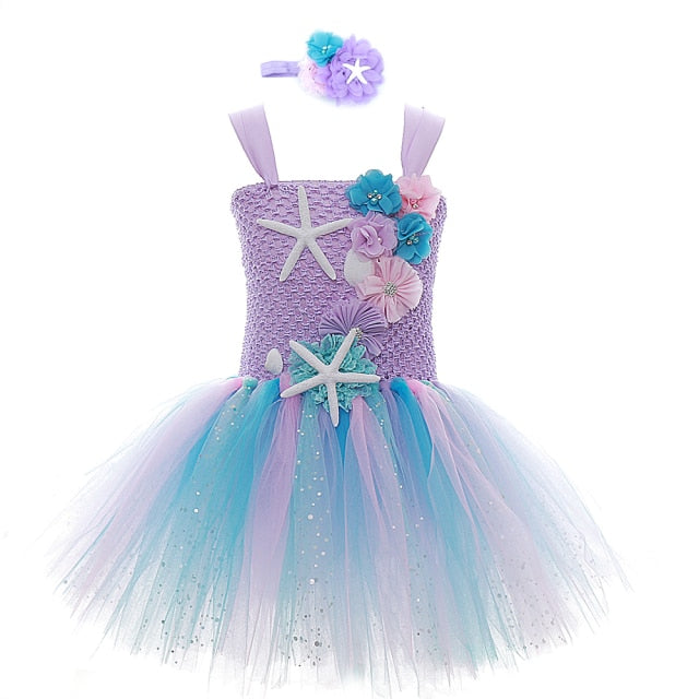 Lavender Flower Children Kids Girls Birthday Party Dresses Sparkly Tulle Sea Star Flower Toddler Baby Girls Clothes for Kids