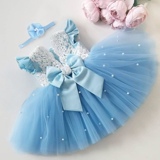 Girls Princess Bowknot Dress Toddler Baby Kids Ruffles Lace Tutu Wedding Birthday Costume Children Elegant Party Pink Clothes