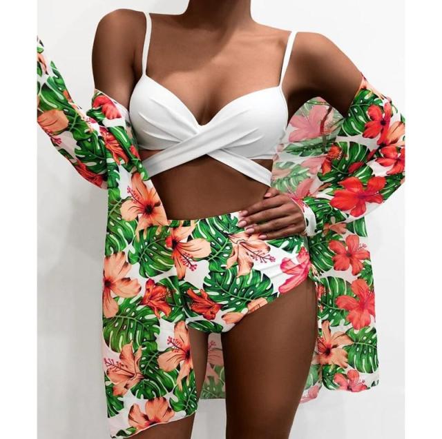 Three Pieces Bikini Set Cover Up Swimwear Women Swimsuit Print Long Sleeve Bathing Suit Beachwear Swimming