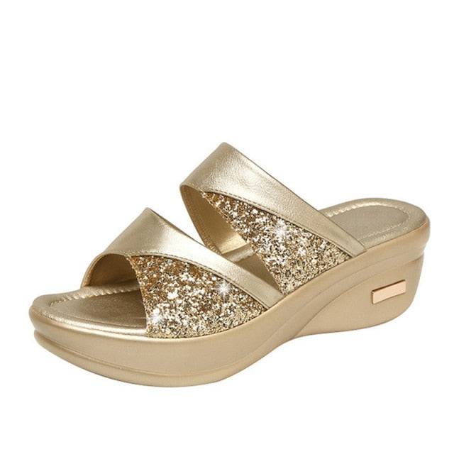 Women Summer Slippers Ladies Glitter PU Wedges Shoes Female Casual Slingbacks Sandals Comfortable Platform Woman