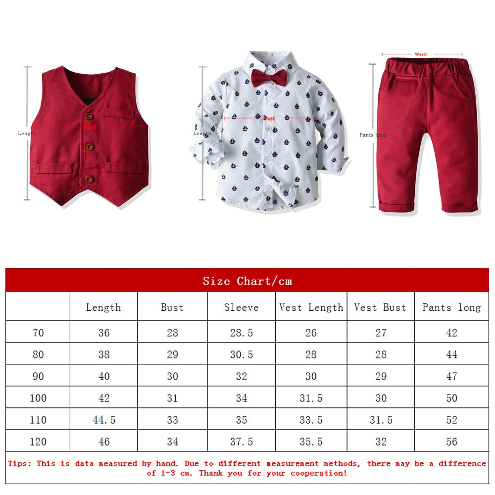 Boys Gentleman Clothing Set Cotton Long Sleeve Bowtie Shirt+Waistcoat+Pants 3Pcs Suit Kids Boy Casual Clothes Set