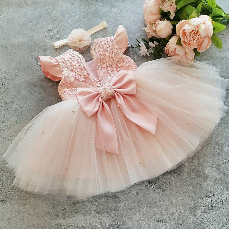 Girls Princess Bowknot Dress Toddler Baby Kids Ruffles Lace Tutu Wedding Birthday Costume Children Elegant Party Pink Clothes