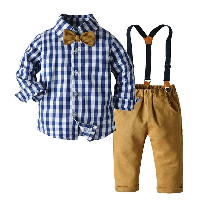 Kids Boys Long Sleeve Plaid Bowtie Tops Suspender Pants Casual Clothes Outfit