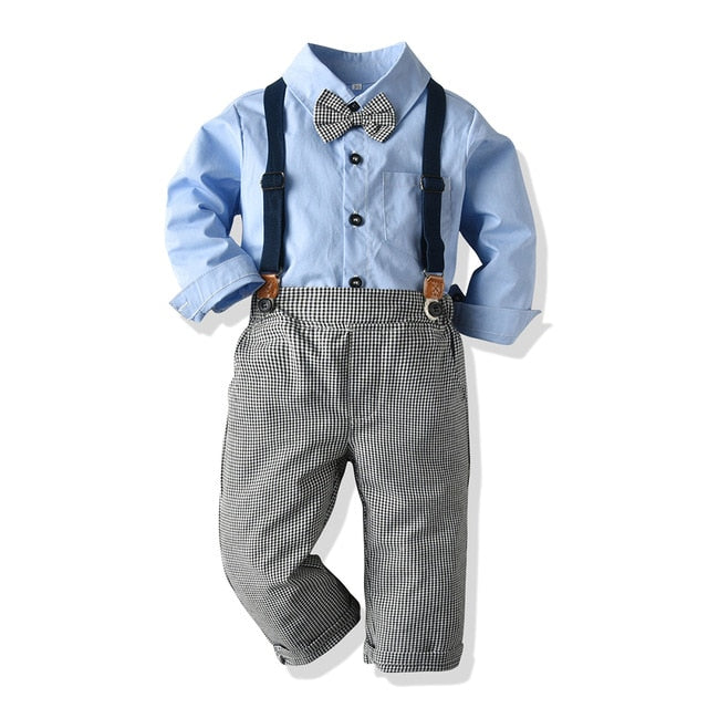 Kids Boys Long Sleeve Plaid Bowtie Tops Suspender Pants Casual Clothes Outfit