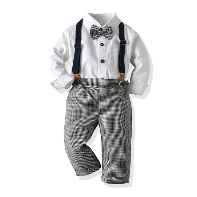 Kids Boys Long Sleeve Plaid Bowtie Tops Suspender Pants Casual Clothes Outfit