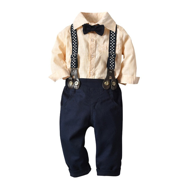 Kids Boys Long Sleeve Plaid Bowtie Tops Suspender Pants Casual Clothes Outfit