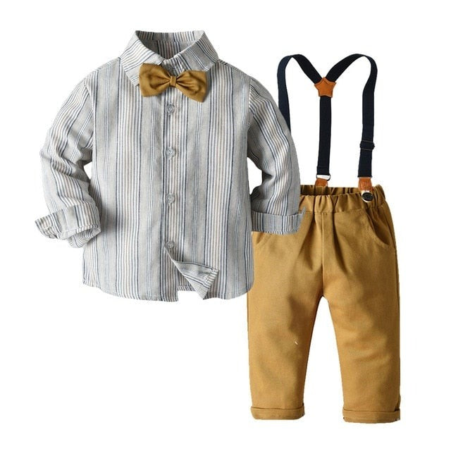 Kids Boys Long Sleeve Plaid Bowtie Tops Suspender Pants Casual Clothes Outfit