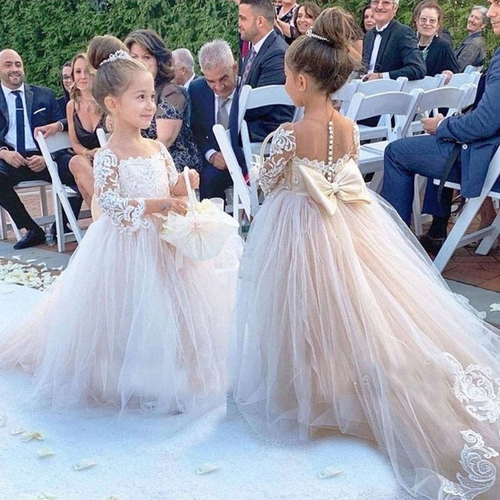 Lace Flower Girl Dress Bows First Communion Dress Princess Tulle Ball Gown Wedding Party Dress 2-14 Years