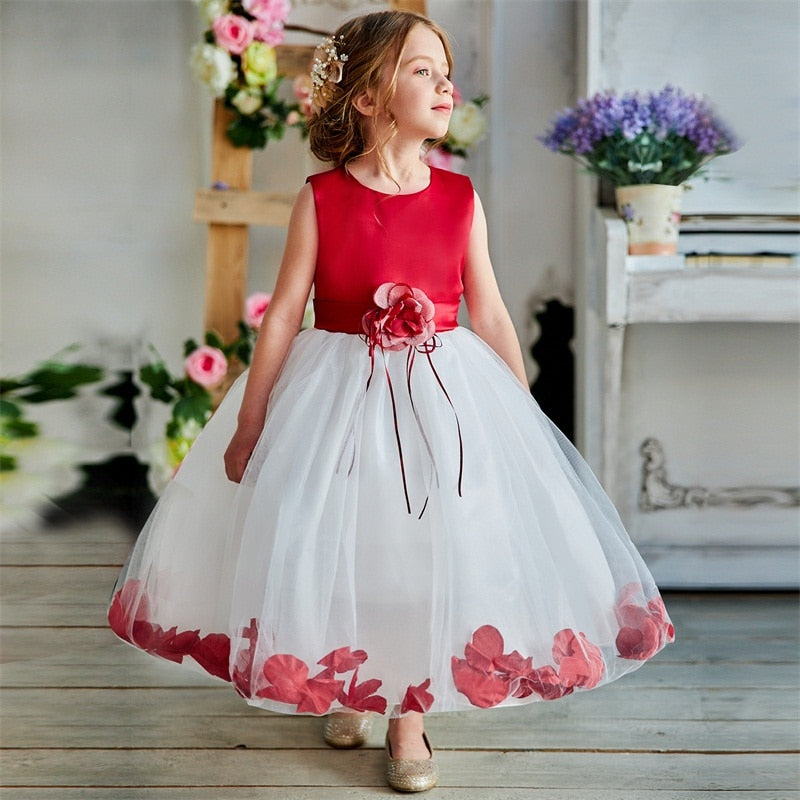 Kids Flowers Ribbons Dresses for Girls Floral Red Robe Vestido Christmas Clothes New Year Elegant Prom Tutu Gown