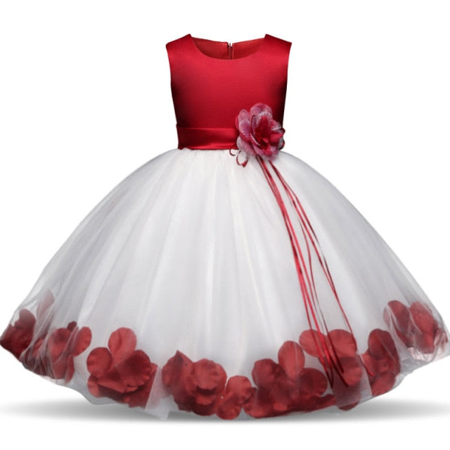 Kids Flowers Ribbons Dresses for Girls Floral Red Robe Vestido Christmas Clothes New Year Elegant Prom Tutu Gown