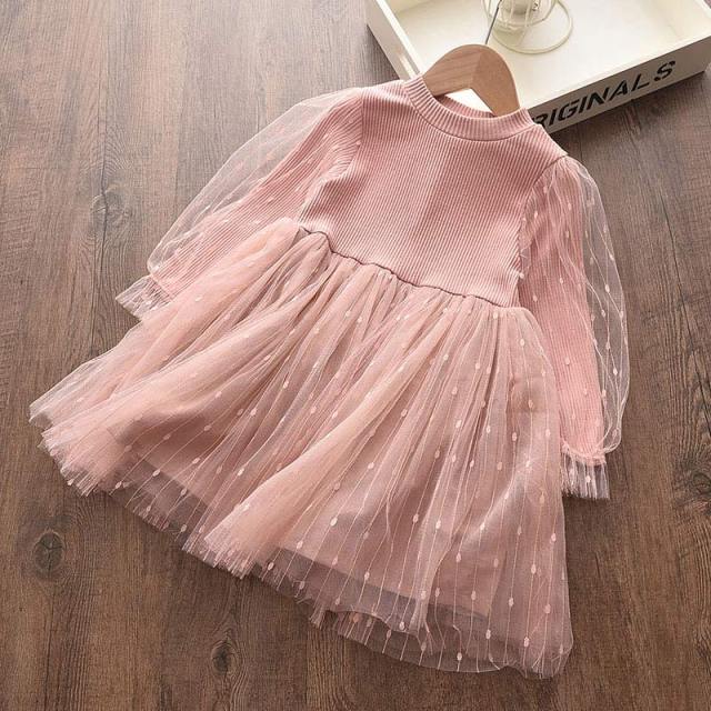 New Girls Dress Autumn Spring Cute Mesh Long Sleeve Princess Dress for Girl Kids Party Dress