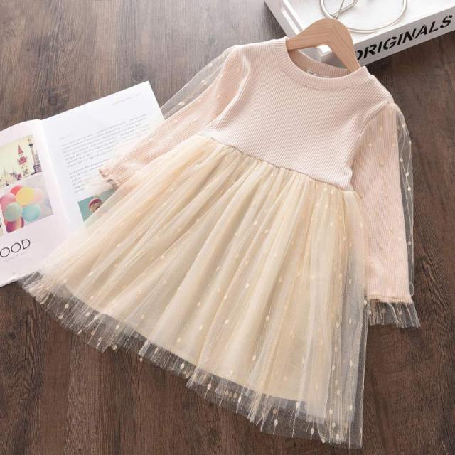 New Girls Dress Autumn Spring Cute Mesh Long Sleeve Princess Dress for Girl Kids Party Dress