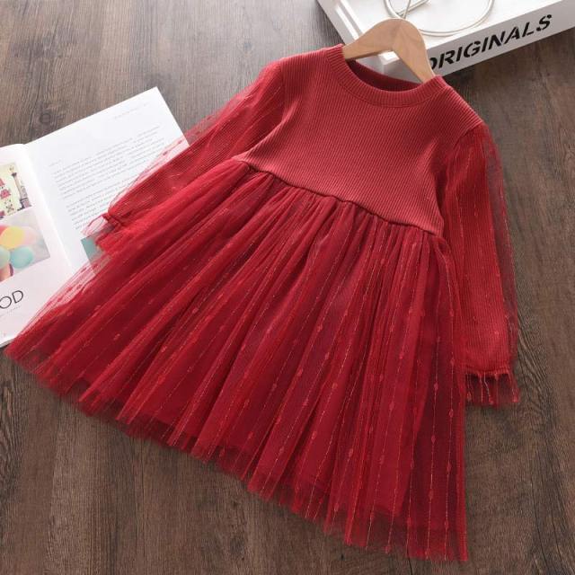 New Girls Dress Autumn Spring Cute Mesh Long Sleeve Princess Dress for Girl Kids Party Dress