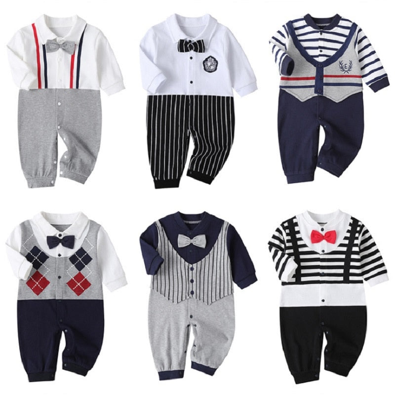 Fall Long Sleeves Bowtie Style Bebe Clothes Little Gentle Man Penguin Infant Babe Jumpsuits