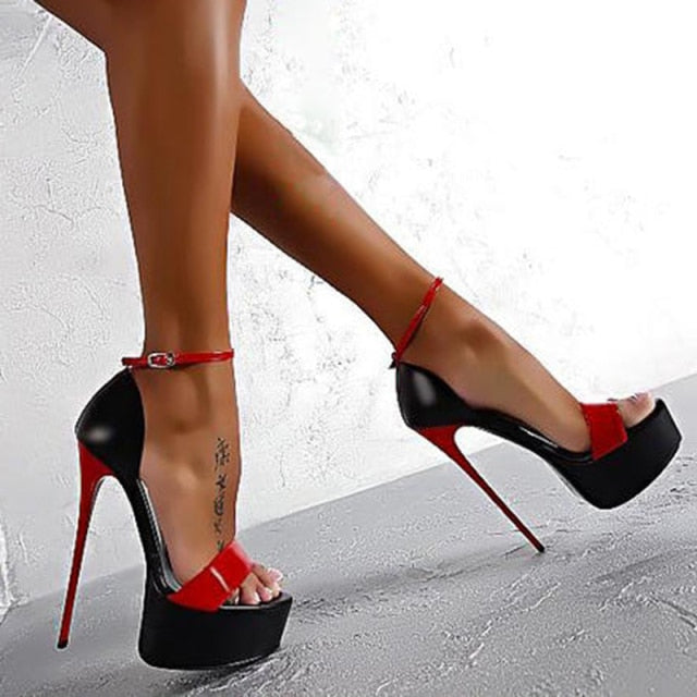 16cm Women Sandals High Heels Open Toe Buckles Nightclub Party Shoe Black Big Size